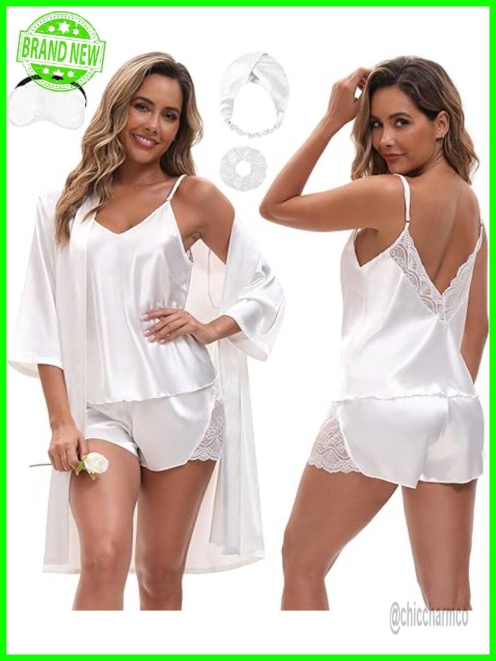 3 Pc Silk Pajama Set with Lace Cami, Shorts, Robe, Sleepwear